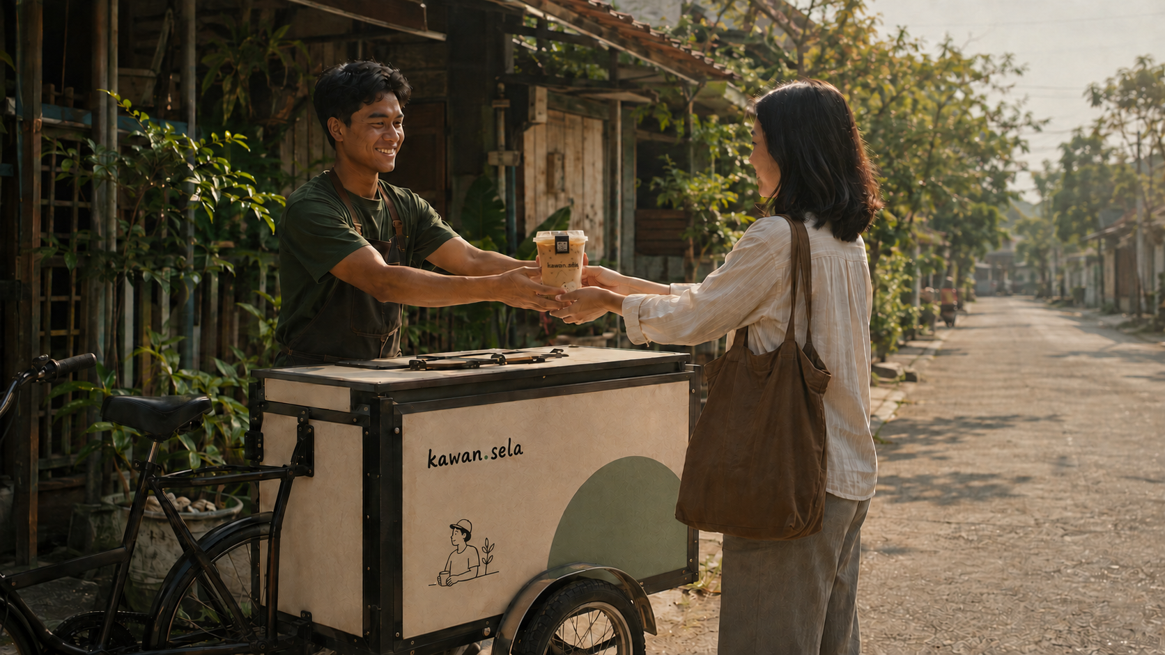 Coffee bike kawan.sela melayani es kopi dalam gelas bening di sebuah lingkungan Indonesia