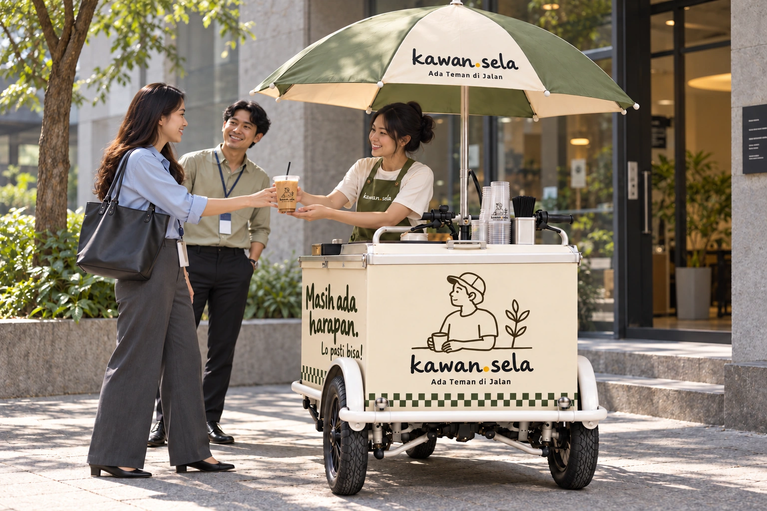 A local Kawan serving iced coffee from a Kawansela coffee bike in an Indonesian neighborhood